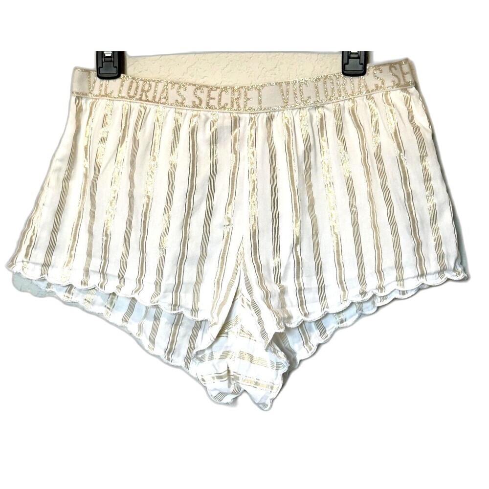 Victoria Secret Sleep Shorts Medium Gold Stripe Beige Lace Trim Pajama